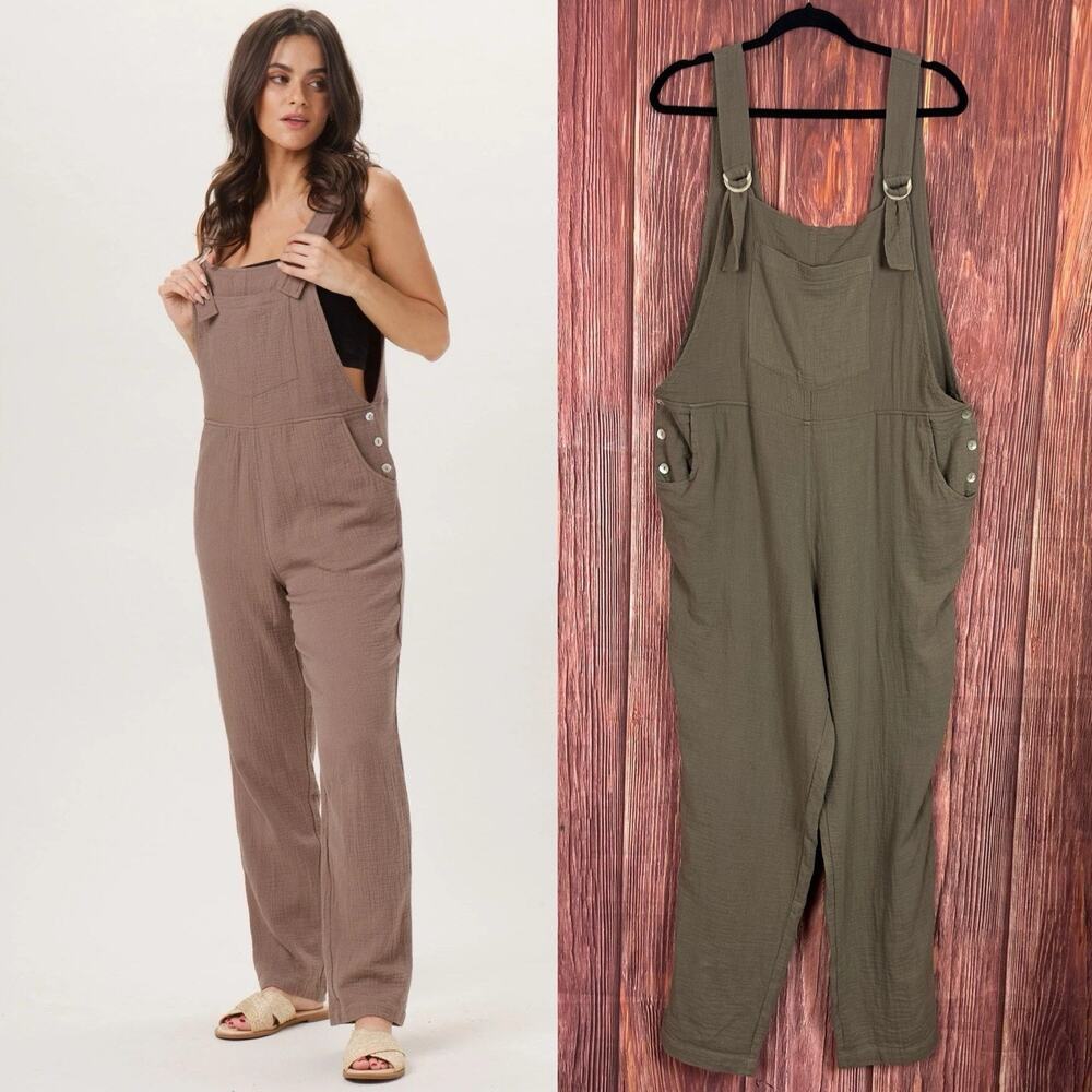 The Noraml Brand Womens Kalo Overall Taupe Gray Cotton Gauze Size XL